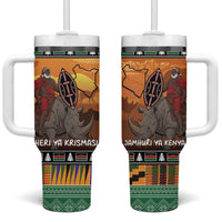 Kenya Safari Christmas Tumbler With Handle Black Santa Riding Rhinoceros - Heri ya Krismasi - Wonder Print Shop