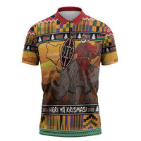 Kenya Safari Christmas Zipper Polo Shirt Black Santa Riding Rhinoceros - Heri ya Krismasi - Wonder Print Shop
