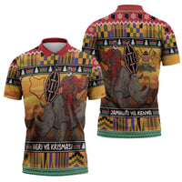 Kenya Safari Christmas Zipper Polo Shirt Black Santa Riding Rhinoceros - Heri ya Krismasi - Wonder Print Shop