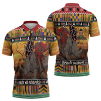 Kenya Safari Christmas Zipper Polo Shirt Black Santa Riding Rhinoceros - Heri ya Krismasi - Wonder Print Shop