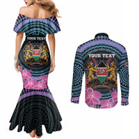 Personalised Kenya Lilac Breasted Roller Couples Matching Mermaid Dress and Long Sleeve Button Shirt Mix Maasai Shield With Orchid Flower