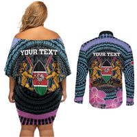 Personalised Kenya Lilac Breasted Roller Couples Matching Off Shoulder Short Dress and Long Sleeve Button Shirt Mix Maasai Shield With Orchid Flower - Wonder Print Shop