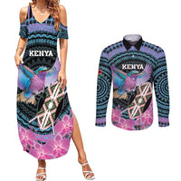 Personalised Kenya Lilac Breasted Roller Couples Matching Summer Maxi Dress and Long Sleeve Button Shirt Mix Maasai Shield With Orchid Flower - Wonder Print Shop