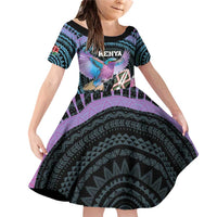 Personalised Kenya Lilac Breasted Roller Family Matching Off Shoulder Short Dress and Hawaiian Shirt Mix Maasai Shield With Orchid Flower - Wonder Print Shop