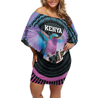 Personalised Kenya Lilac Breasted Roller Family Matching Off Shoulder Short Dress and Hawaiian Shirt Mix Maasai Shield With Orchid Flower - Wonder Print Shop