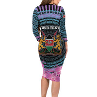 Personalised Kenya Lilac Breasted Roller Long Sleeve Bodycon Dress Mix Maasai Shield With Orchid Flower - Wonder Print Shop