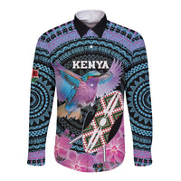 Personalised Kenya Lilac Breasted Roller Long Sleeve Button Shirt Mix Maasai Shield With Orchid Flower - Wonder Print Shop