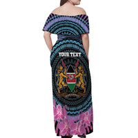 Personalised Kenya Lilac Breasted Roller Off Shoulder Maxi Dress Mix Maasai Shield With Orchid Flower - Wonder Print Shop