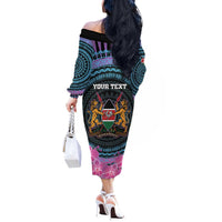 Personalised Kenya Lilac Breasted Roller Off The Shoulder Long Sleeve Dress Mix Maasai Shield With Orchid Flower - Wonder Print Shop