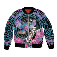 Personalised Kenya Lilac Breasted Roller Sleeve Zip Bomber Jacket Mix Maasai Shield With Orchid Flower - Wonder Print Shop