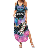 Personalised Kenya Lilac Breasted Roller Summer Maxi Dress Mix Maasai Shield With Orchid Flower - Wonder Print Shop