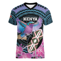 Personalised Kenya Lilac Breasted Roller Women V-Neck T-Shirt Mix Maasai Shield With Orchid Flower - Wonder Print Shop