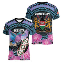 Personalised Kenya Lilac Breasted Roller Women V-Neck T-Shirt Mix Maasai Shield With Orchid Flower - Wonder Print Shop