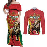 Personalised Morocco Proclamation Day Couples Matching Off Shoulder Maxi Dress and Long Sleeve Button Shirt Barbary Lion Mix Islamic Pattern - Wonder Print Shop
