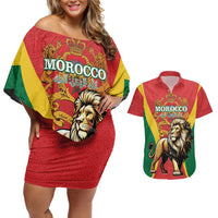 Personalised Morocco Proclamation Day Couples Matching Off Shoulder Short Dress and Hawaiian Shirt Barbary Lion Mix Islamic Pattern - Wonder Print Shop