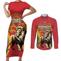 Personalised Morocco Proclamation Day Couples Matching Short Sleeve Bodycon Dress and Long Sleeve Button Shirt Barbary Lion Mix Islamic Pattern - Wonder Print Shop