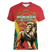Personalised Morocco Proclamation Day Women V-Neck T-Shirt Barbary Lion Mix Islamic Pattern - Wonder Print Shop