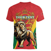 Personalised Morocco Proclamation Day Women V-Neck T-Shirt Barbary Lion Mix Islamic Pattern - Wonder Print Shop