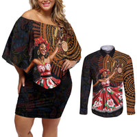 Sega Traditional Dance Couples Matching Off Shoulder Short Dress and Long Sleeve Button Shirt Paisley Mix African Pattern