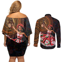 Sega Traditional Dance Couples Matching Off Shoulder Short Dress and Long Sleeve Button Shirt Paisley Mix African Pattern