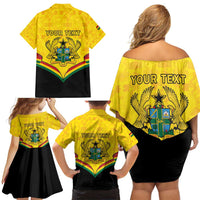 Personalised Ghana Independence Day Family Matching Off Shoulder Short Dress and Hawaiian Shirt Coat Of Arms With Kente Pattern