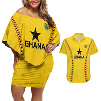 Custom Ghana Football Couples Matching Off Shoulder Short Dress and Hawaiian Shirt Go Black Stars