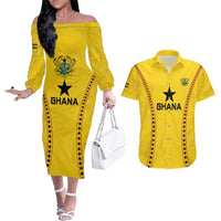 Custom Ghana Football Couples Matching Off The Shoulder Long Sleeve Dress and Hawaiian Shirt Go Black Stars