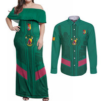 Custom Cameroon Football Couples Matching Off Shoulder Maxi Dress and Long Sleeve Button Shirt Waka Waka - This Time For Africa