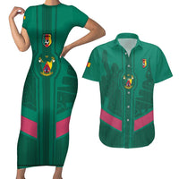 Custom Cameroon Football Couples Matching Short Sleeve Bodycon Dress and Hawaiian Shirt Waka Waka - This Time For Africa