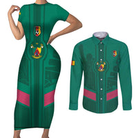 Custom Cameroon Football Couples Matching Short Sleeve Bodycon Dress and Long Sleeve Button Shirt Waka Waka - This Time For Africa