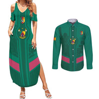 Custom Cameroon Football Couples Matching Summer Maxi Dress and Long Sleeve Button Shirt Waka Waka - This Time For Africa