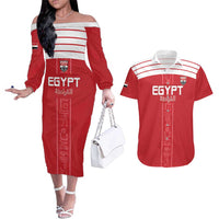 Custom Egypt Football Couples Matching Off The Shoulder Long Sleeve Dress and Hawaiian Shirt Yalla Yalla Pharaohs - Red Ver