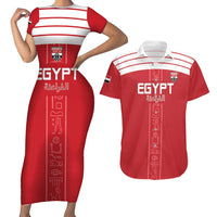 Custom Egypt Football Couples Matching Short Sleeve Bodycon Dress and Hawaiian Shirt Yalla Yalla Pharaohs - Red Ver