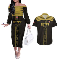 Custom Egypt Football Couples Matching Off The Shoulder Long Sleeve Dress and Hawaiian Shirt Yalla Yalla Pharaohs - Black Ver