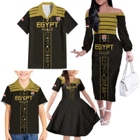 Custom Egypt Football Family Matching Off The Shoulder Long Sleeve Dress and Hawaiian Shirt Yalla Yalla Pharaohs - Black Ver
