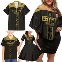 Custom Egypt Football Family Matching Off Shoulder Short Dress and Hawaiian Shirt Yalla Yalla Pharaohs - Black Ver