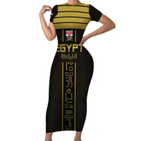 Custom Egypt Football Family Matching Short Sleeve Bodycon Dress and Hawaiian Shirt Yalla Yalla Pharaohs - Black Ver