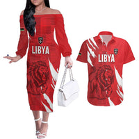 Custom Libya Football Couples Matching Off The Shoulder Long Sleeve Dress and Hawaiian Shirt Forza Libya