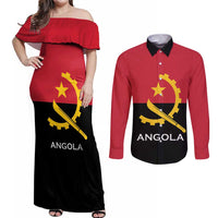 Angola Country Flag Couples Matching Off Shoulder Maxi Dress and Long Sleeve Button Shirt Virtus Unita Fortior