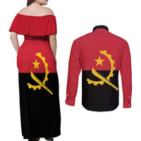 Angola Country Flag Couples Matching Off Shoulder Maxi Dress and Long Sleeve Button Shirt Virtus Unita Fortior