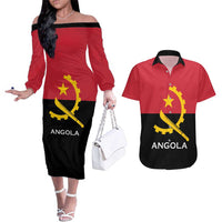 Angola Country Flag Couples Matching Off The Shoulder Long Sleeve Dress and Hawaiian Shirt Virtus Unita Fortior