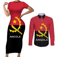 Angola Country Flag Couples Matching Short Sleeve Bodycon Dress and Long Sleeve Button Shirt Virtus Unita Fortior