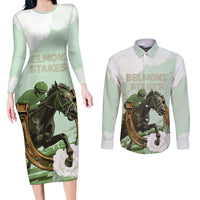 158th Anniversary Belmont Horse Racing Couples Matching Long Sleeve Bodycon Dress and Long Sleeve Button Shirt Run for the Carnations