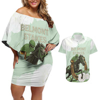 158th Anniversary Belmont Horse Racing Couples Matching Off Shoulder Short Dress and Hawaiian Shirt Run for the Carnations