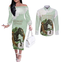 158th Anniversary Belmont Horse Racing Couples Matching Off The Shoulder Long Sleeve Dress and Long Sleeve Button Shirt Run for the Carnations