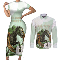 158th Anniversary Belmont Horse Racing Couples Matching Short Sleeve Bodycon Dress and Long Sleeve Button Shirt Run for the Carnations