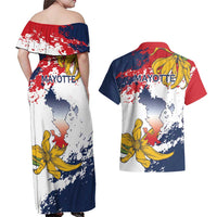 Ra Hachiri 976 Couples Matching Off Shoulder Maxi Dress and Hawaiian Shirt Mayotte Map With Ylang Ylang