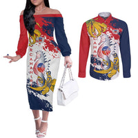 Ra Hachiri 976 Couples Matching Off The Shoulder Long Sleeve Dress and Long Sleeve Button Shirt Mayotte Map With Ylang Ylang