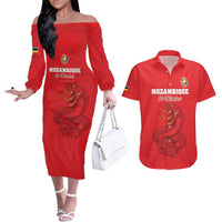 Custom Mozambique Football Couples Matching Off The Shoulder Long Sleeve Dress and Hawaiian Shirt Come On Os Mambas - Wonder Print Shop