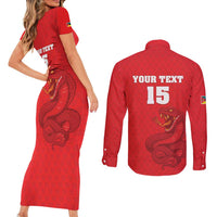 Custom Mozambique Football Couples Matching Short Sleeve Bodycon Dress and Long Sleeve Button Shirt Come On Os Mambas - Wonder Print Shop
